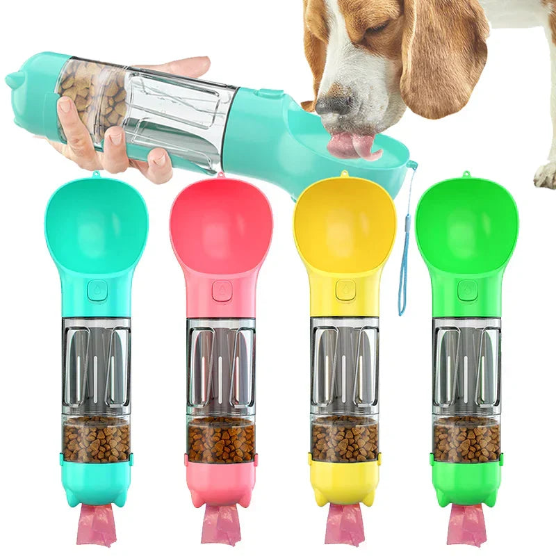 Garrafa Portátil 3 em 1 para Pets — Água, Ração e Saquinhos em um Só Lugar