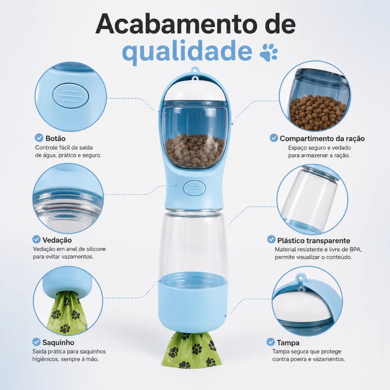 Garrafa 3 em 1 de Passeio para Cães com Bebedouro, Comedouro e Porta Saquinhos Multifuncional Portátil